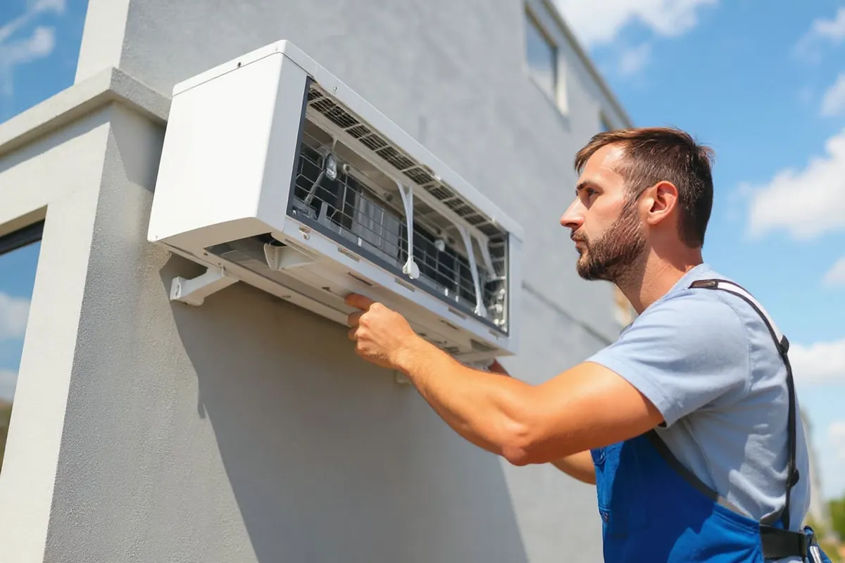 Technician servicing an outdoor mini-split air conditioner