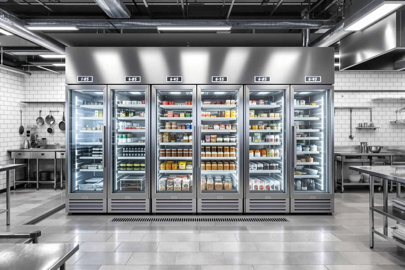 Row of glass-door commercial refrigerators in a restaurant kitchen