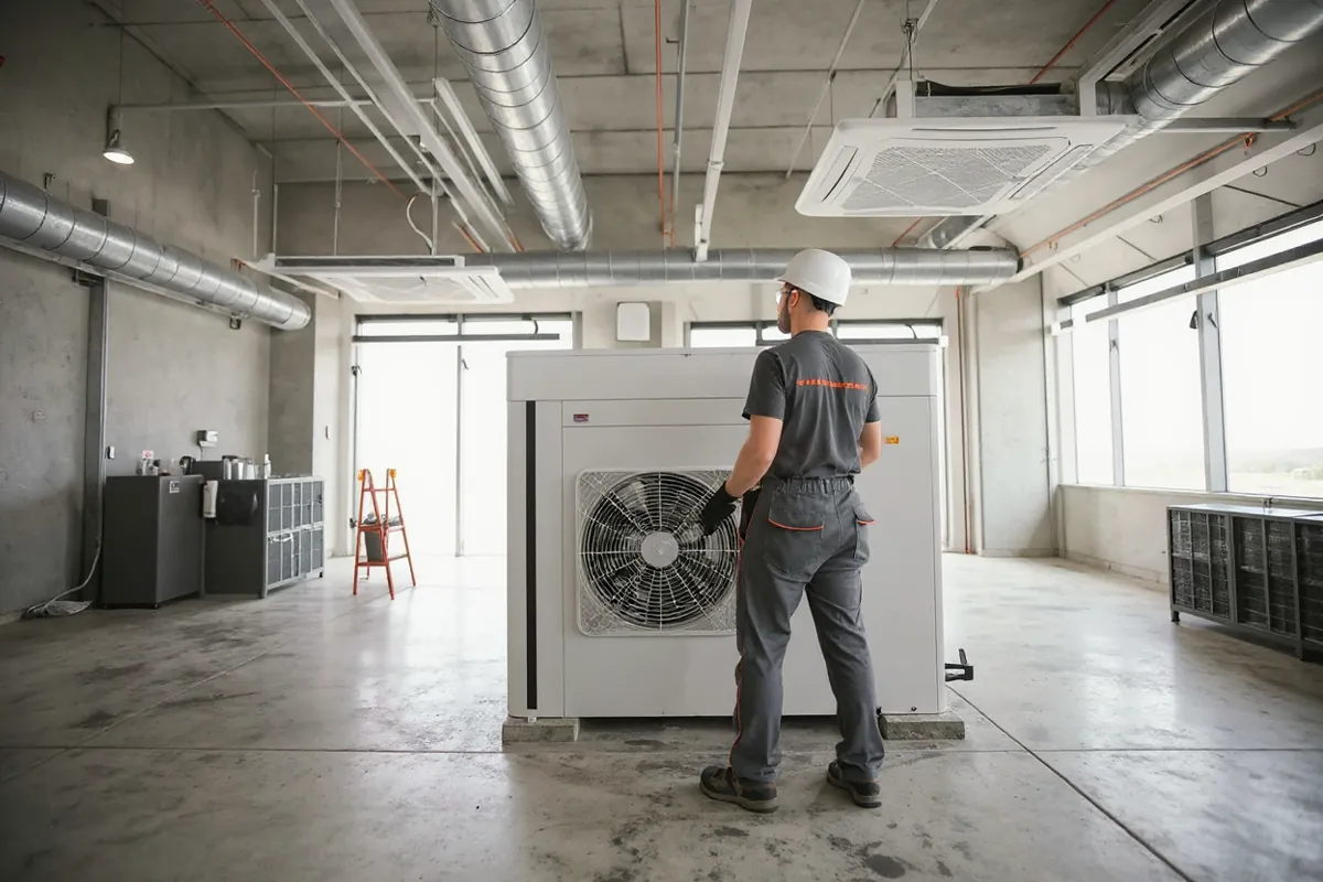 Central Air technician installing HVAC equipment in a commercial space