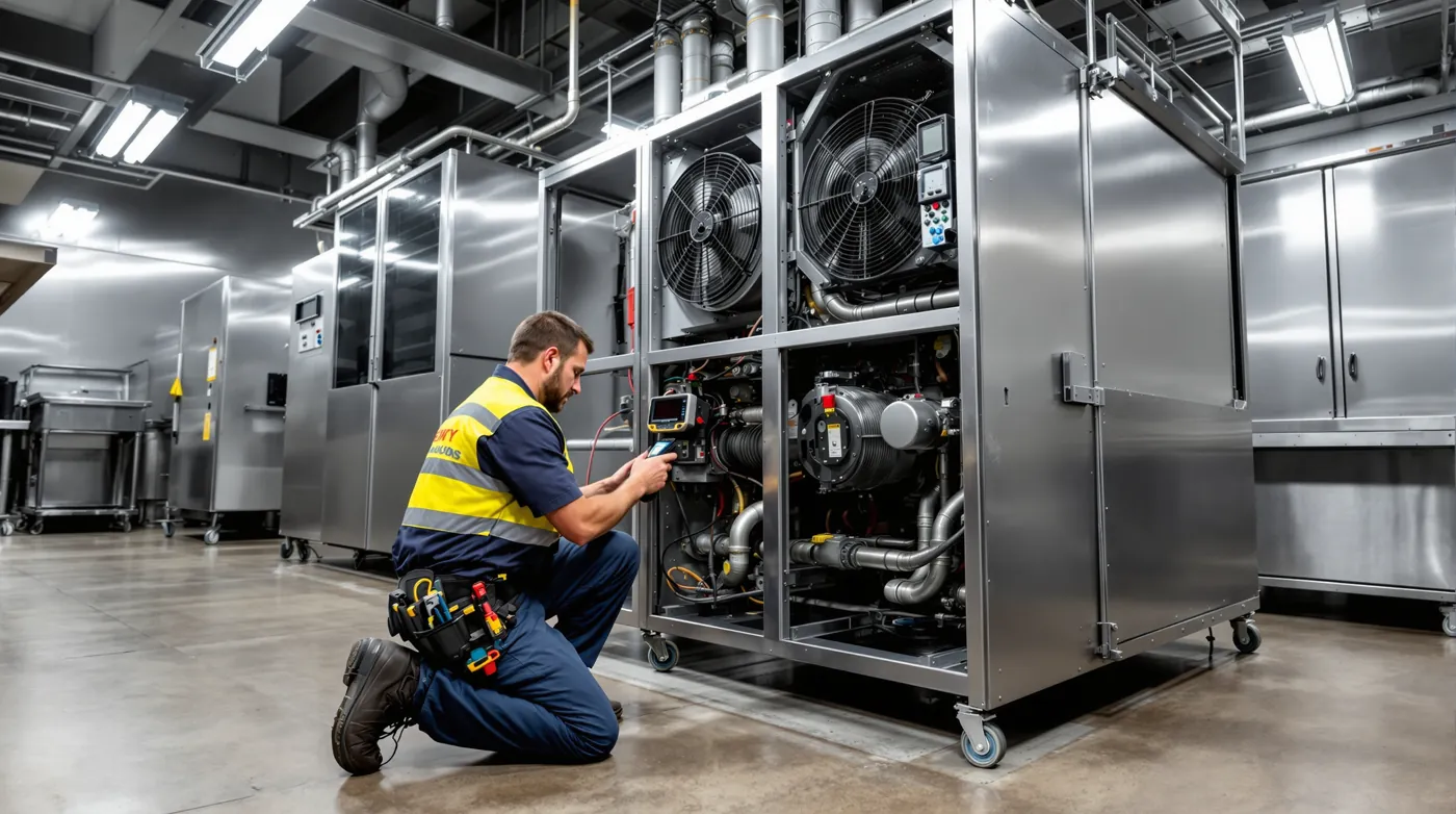 Technician repairing commercial refrigeration equipment