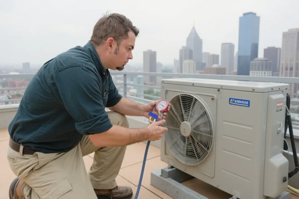 Technician servicing an outdoor air conditioning unit